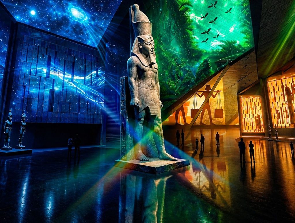 Eternal Sun Grand Egyptian Museum: light and projections across the Grand Hall and the statue of Ramesses II