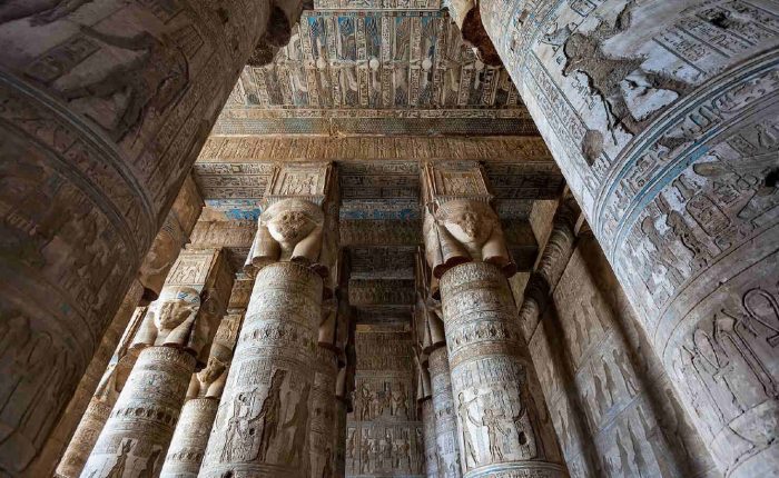 Hathor-headed columns in the hypostyle hall of the Dendera Temple