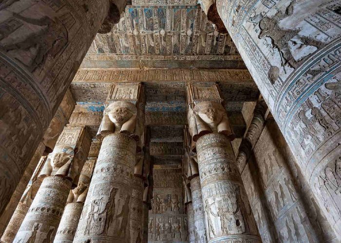 Hathor-headed columns in the hypostyle hall of the Dendera Temple