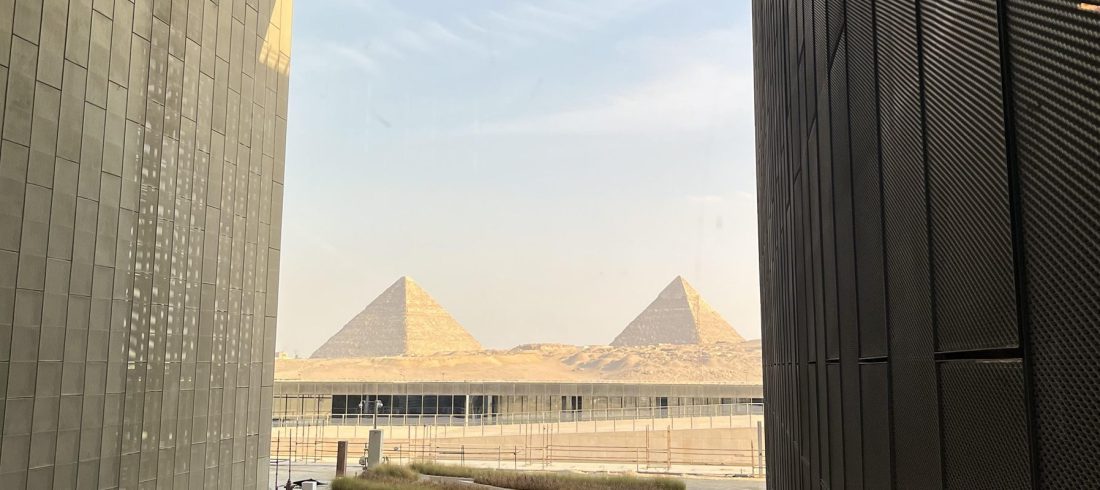 View of the Giza Pyramids from the Grand Egyptian Museum, Cairo