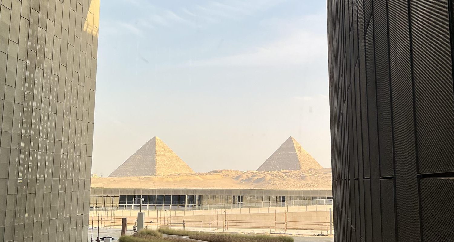 View of the Giza Pyramids from the Grand Egyptian Museum, Cairo