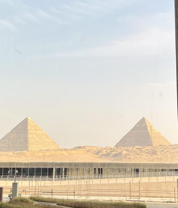 View of the Giza Pyramids from the Grand Egyptian Museum, Cairo