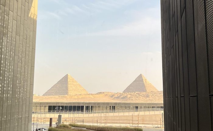 View of the Giza Pyramids from the Grand Egyptian Museum, Cairo