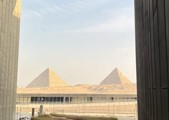 View of the Giza Pyramids from the Grand Egyptian Museum, Cairo