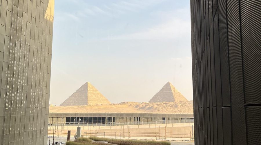 View of the Giza Pyramids from the Grand Egyptian Museum, Cairo