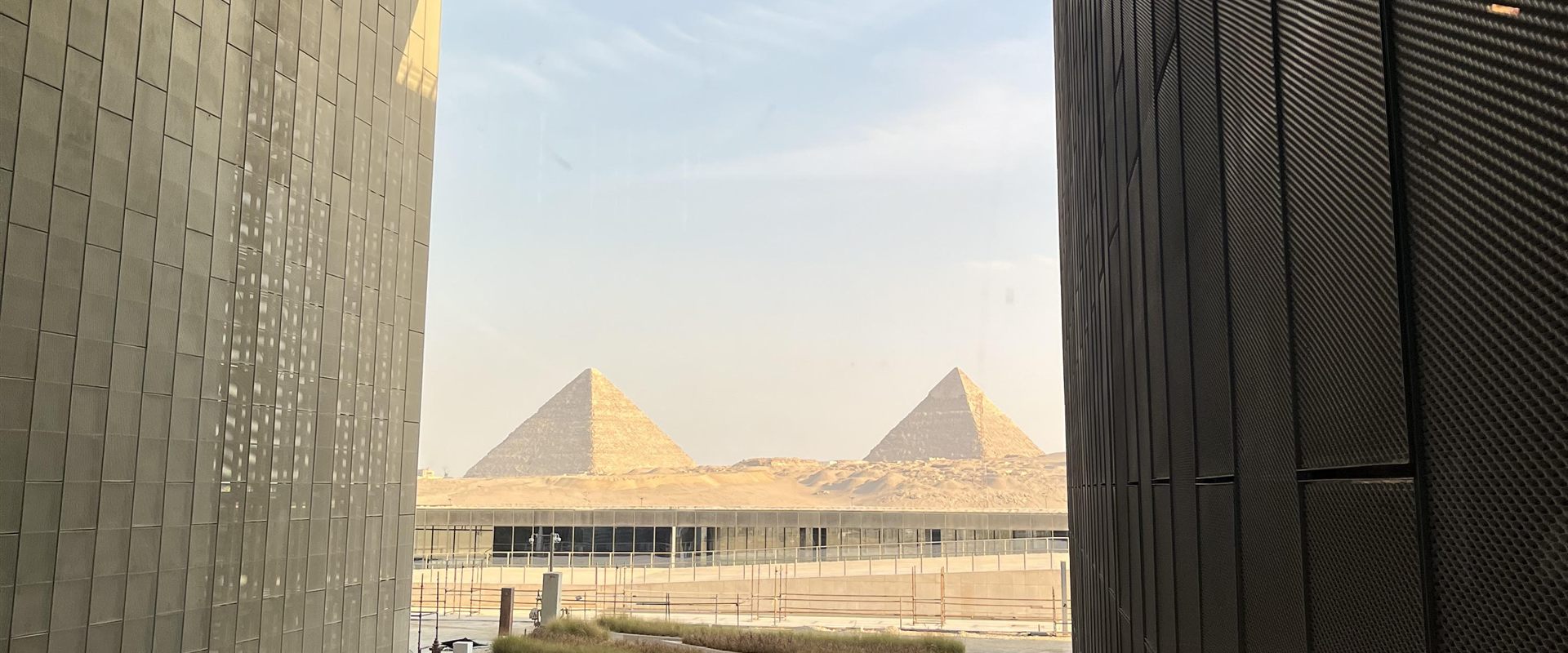 View of the Giza Pyramids from the Grand Egyptian Museum, Cairo
