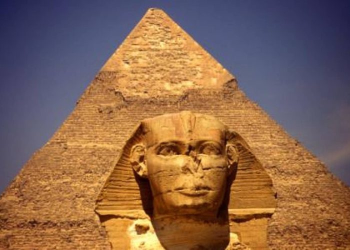 The Great Sphinx of Giza with the Pyramid of Khafre behind it