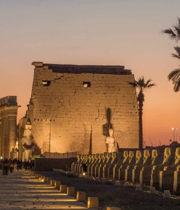 Luxor Temple and the Avenue of Sphinxes lit up at dusk
