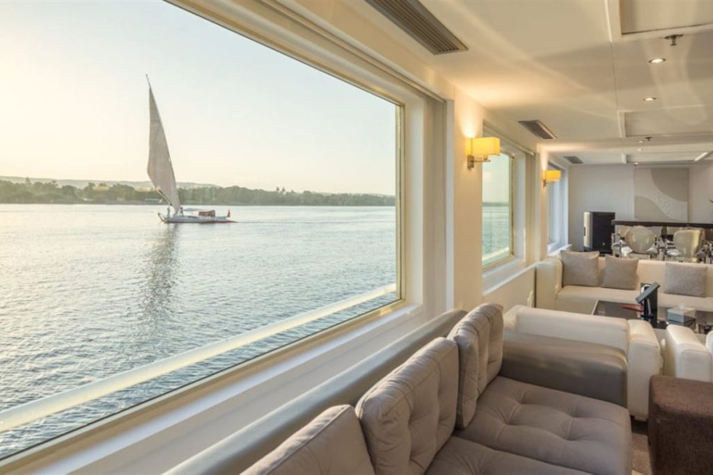 Lounge with panoramic windows on a Nile cruise ship