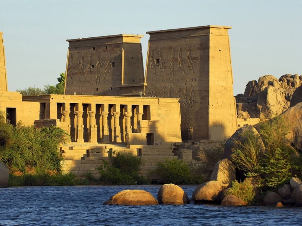 Philae Temple of Isis on Agilkia Island seen from the water in Aswan
