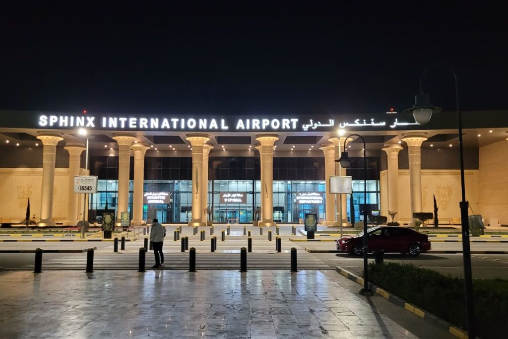 Sphinx International Airport terminal at night, Giza