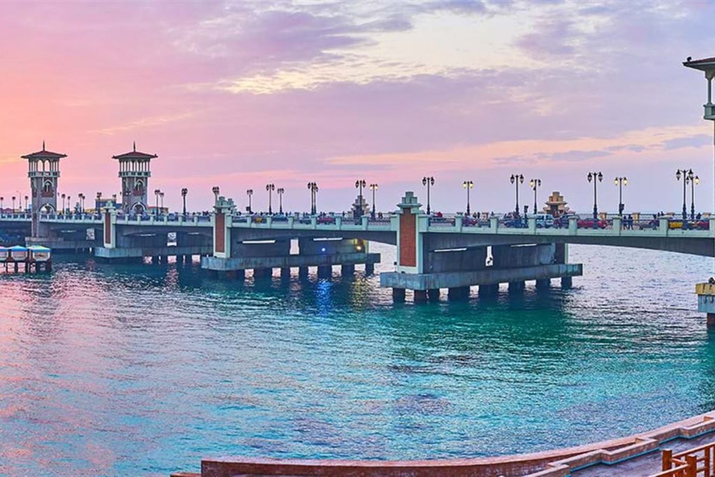 Stanley Bridge on the Corniche of Alexandria at sunset