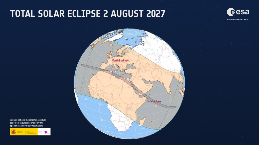 Solar eclipse 2027 Egypt: map of the path of totality on 2 August 2027 across Spain, North Africa, Egypt and Arabia