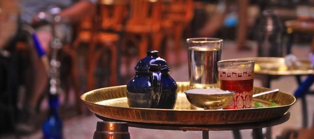 Tea glasses and shisha at a traditional cafe in Khan el-Khalili, Cairo