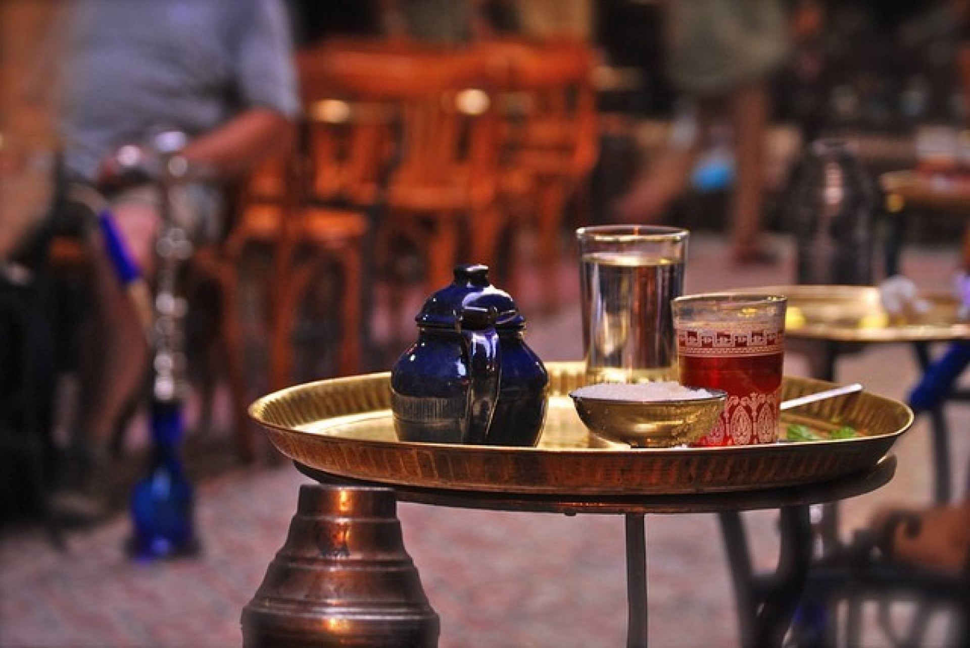 Tea glasses and shisha at a traditional cafe in Khan el-Khalili, Cairo